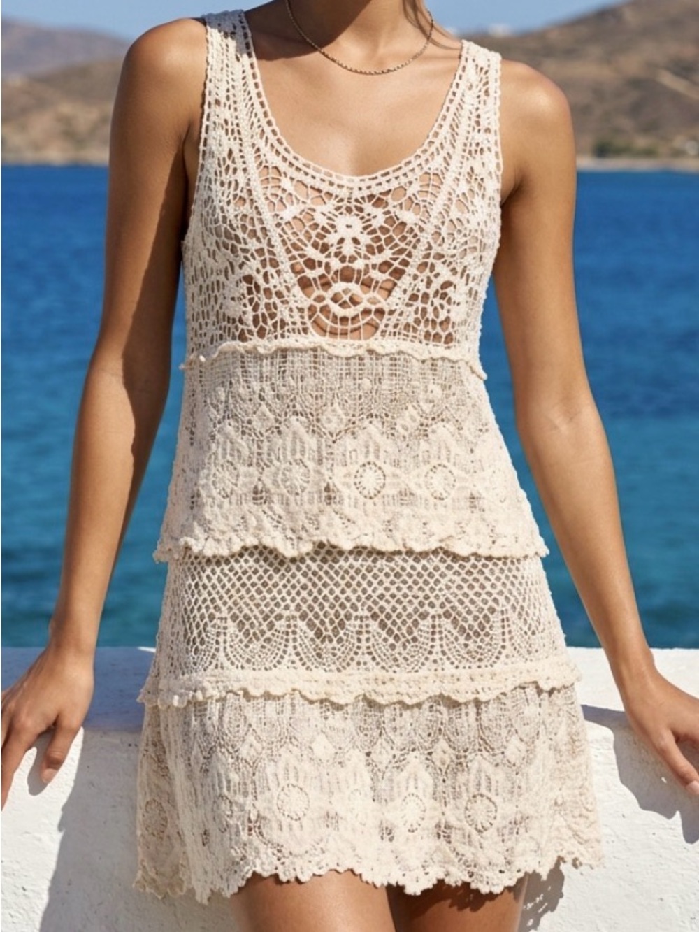 Elegant Bohemian Beige Lace Tiered Midi Dress
